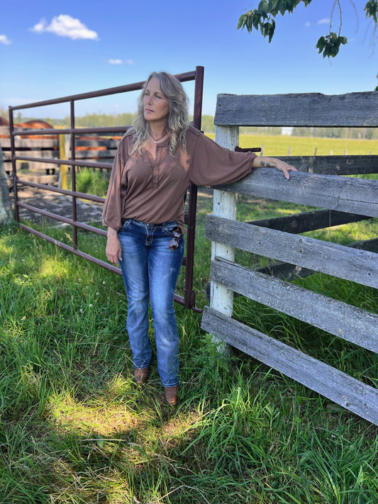 Classic Henley Style Top - BROWN