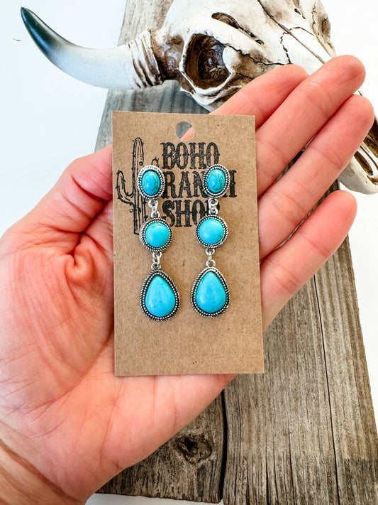 Western Tier Drop Earrings - Round Stone with Teardrop Stone