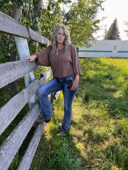 Classic Henley Style Top - BROWN
