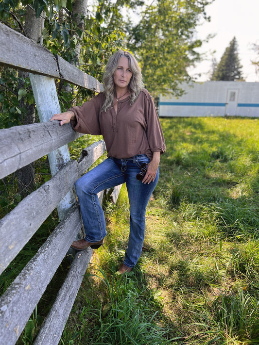 Classic Henley Style Top - BROWN