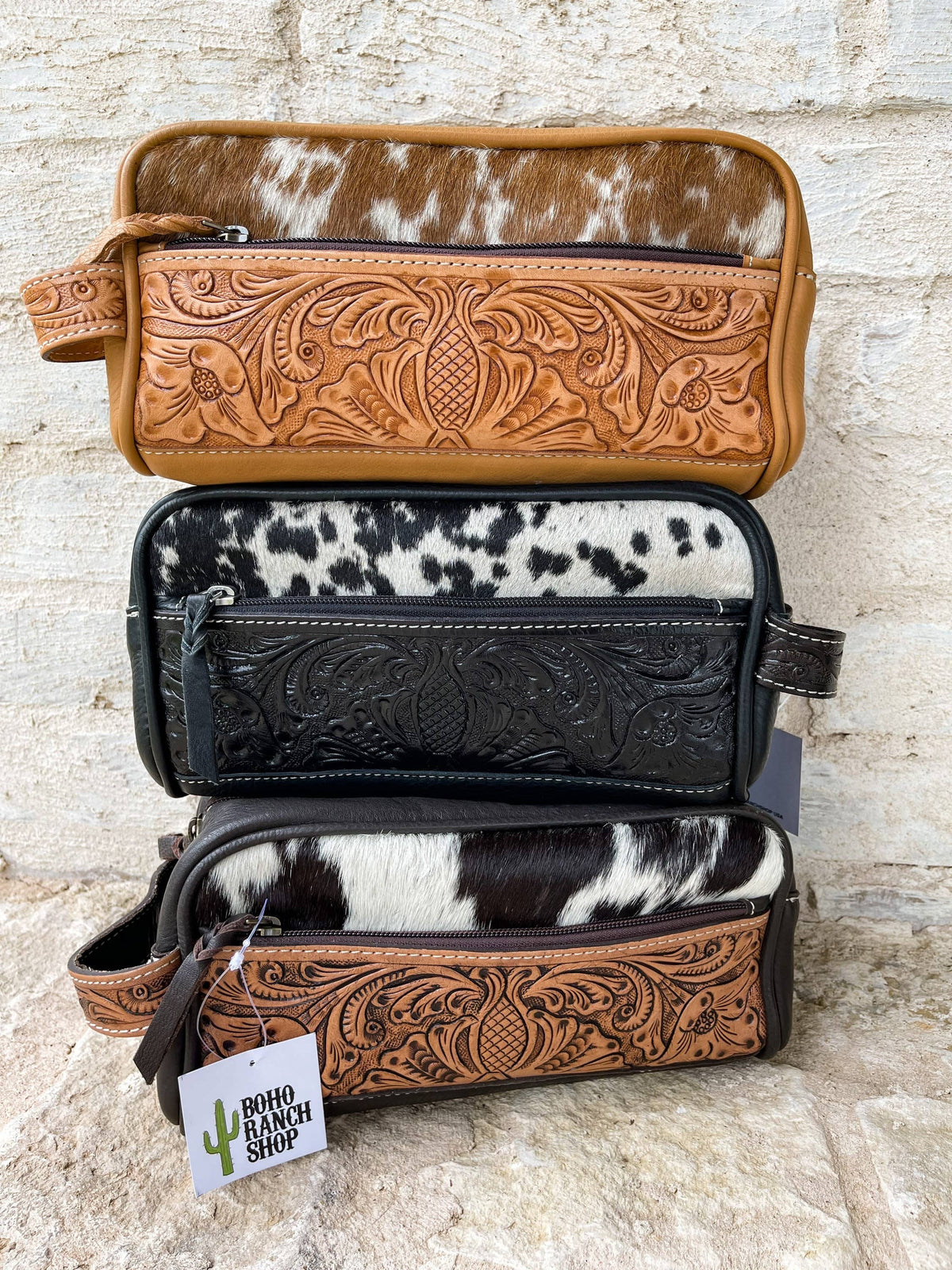 Cowhide | Tooled Leather Toiletry Makeup Shaving Travel Bag