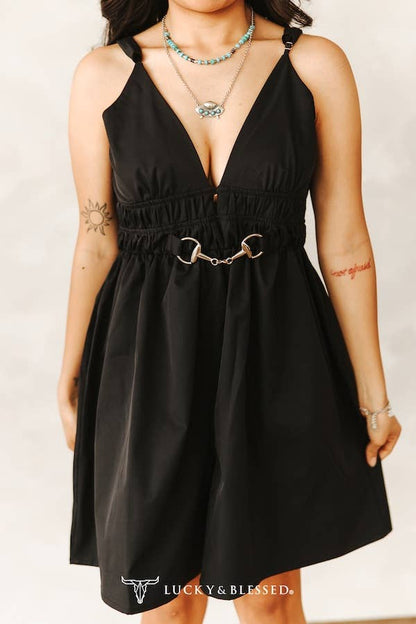 Black Spaghetti Strap Horse Snaffle Buckle Dress