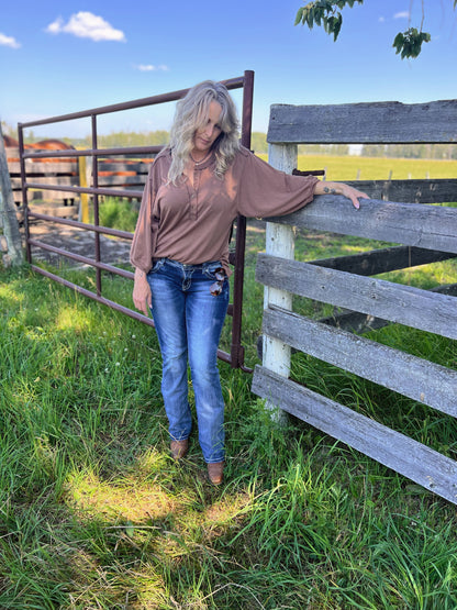 Classic Henley Style Top - BROWN