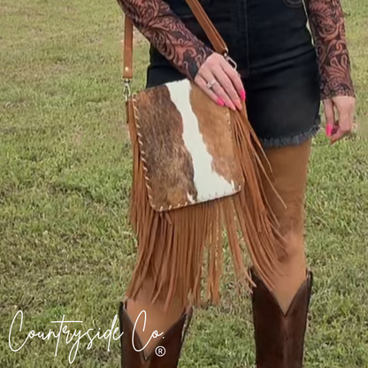 Bessie Cowhide Suede Fringe Womens Purse Crossbody