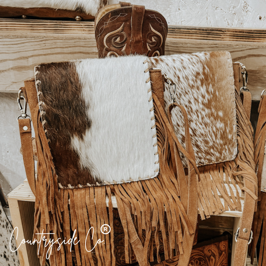 Bessie Cowhide Suede Fringe Womens Purse Crossbody