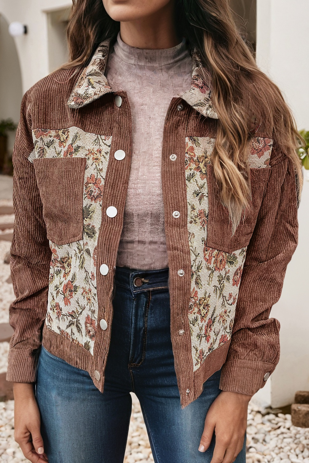 LDC Ribbed Retro Floral Patchwork Shirt Style Jacket
