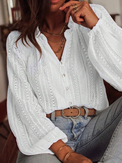Lace Knit V Neck Button Front Long Sleeve Blouse