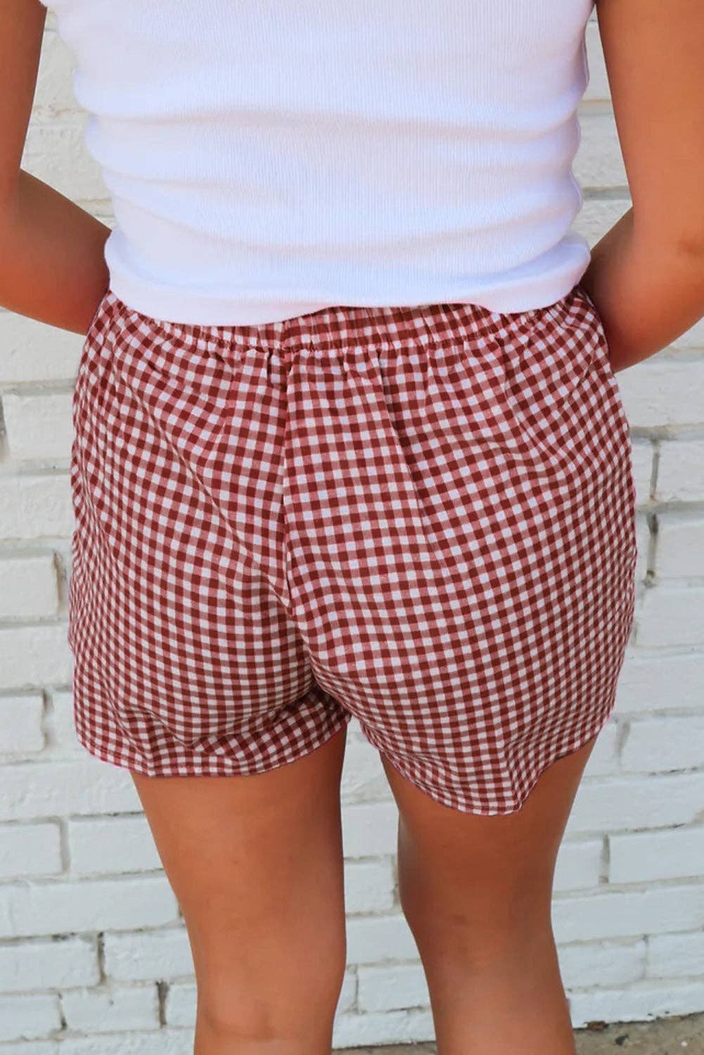 Red Gingham High Waisted Elastic Waist Summer Shorts