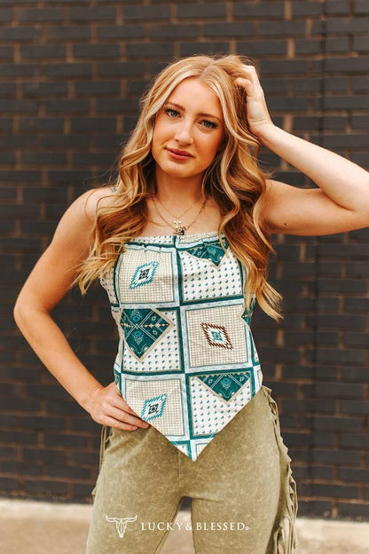Cream Jade Bandana Printed Strapless Peak Back Tie Strap Top