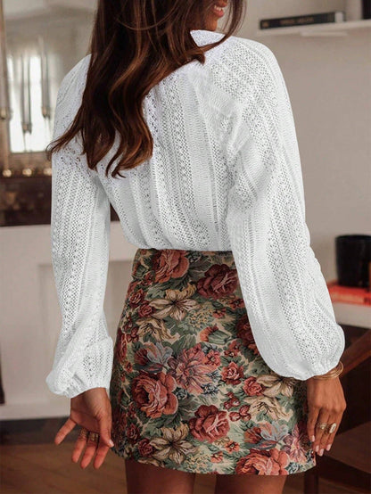 Lace Knit V Neck Button Front Long Sleeve Blouse