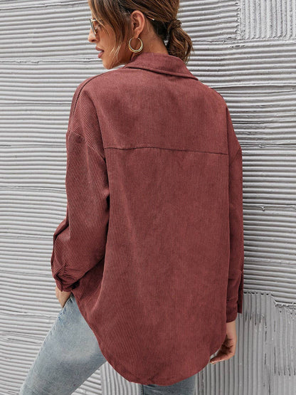 Oversized Corduroy Button-Up Shirt with Chest Pocket