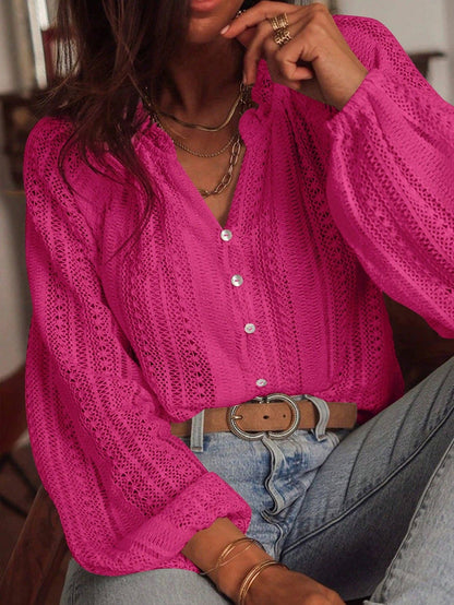 Lace Knit V Neck Button Front Long Sleeve Blouse