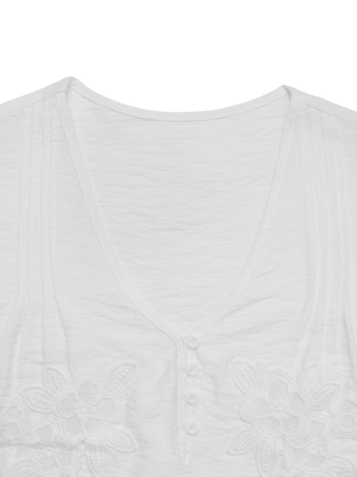 White V Neck Lace Patch Short Sleeve Casual Blouse