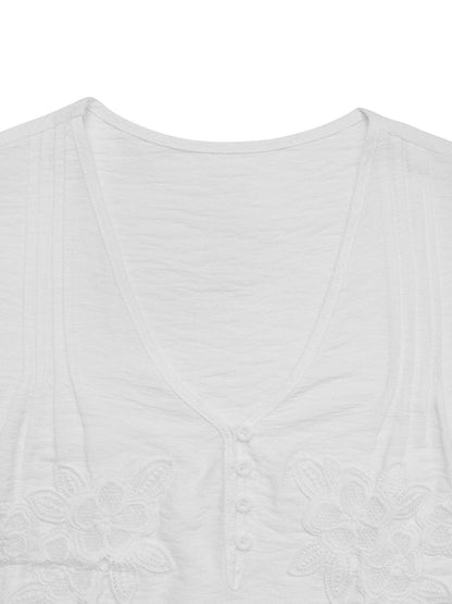 White V Neck Lace Patch Short Sleeve Casual Blouse