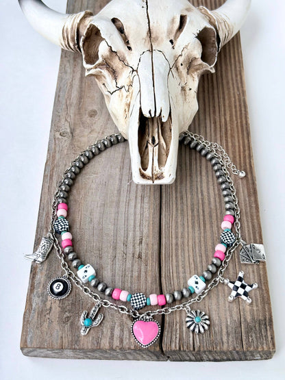 2 Layered Western Style Charm Navajo Pearl Choker Necklace