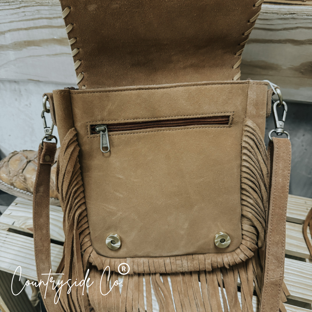 Bessie Cowhide Suede Fringe Womens Purse Crossbody