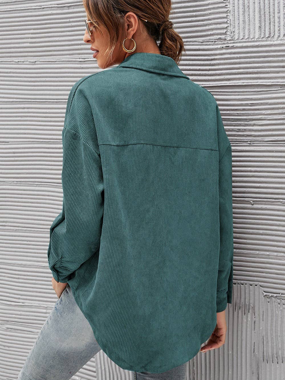Oversized Corduroy Button-Up Shirt with Chest Pocket