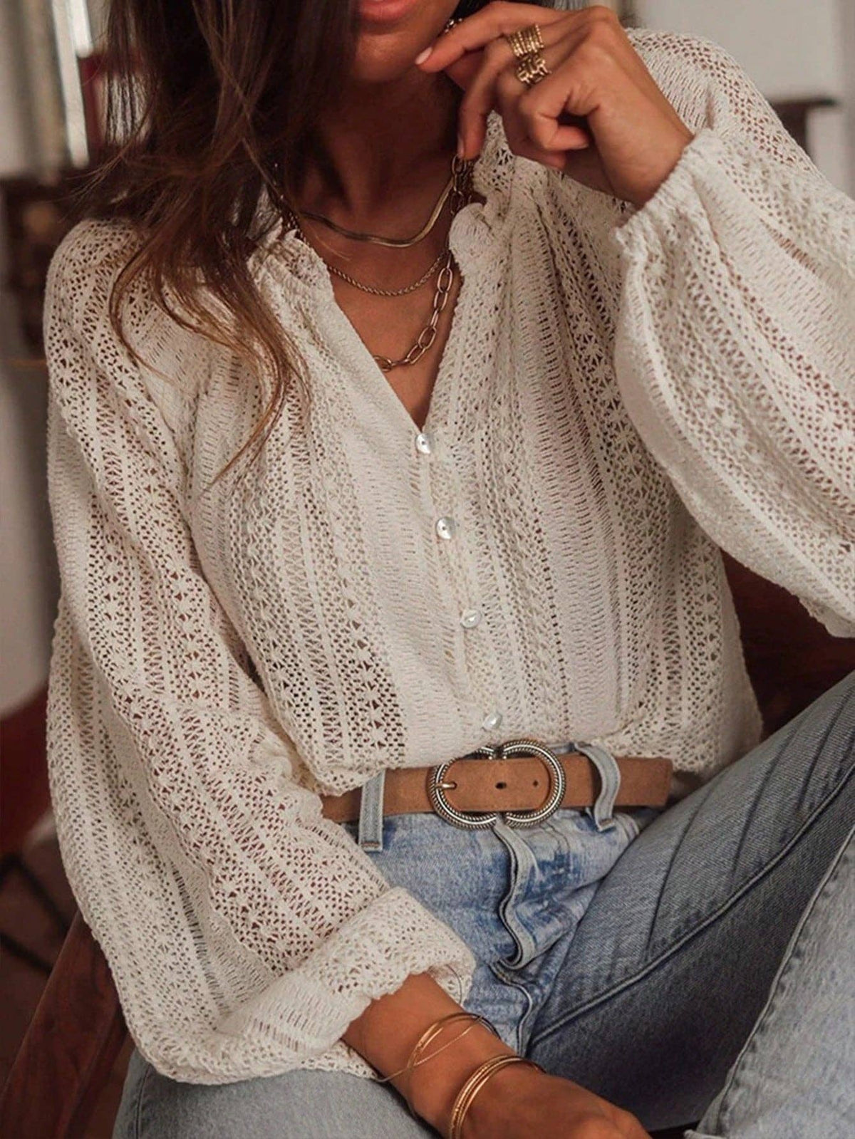 Lace Knit V Neck Button Front Long Sleeve Blouse