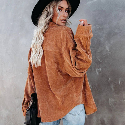 Oversized Corduroy Button-Up Shirt with Chest Pocket