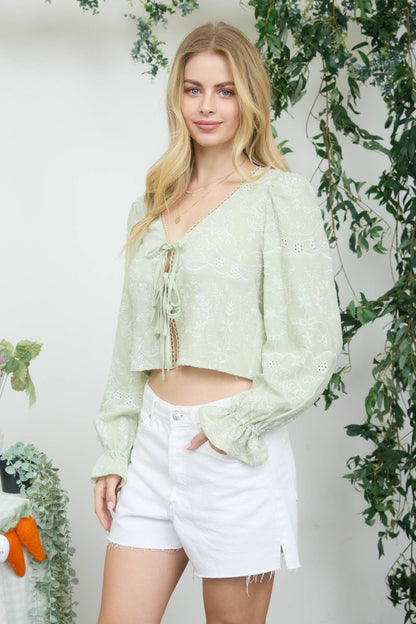 EMBROIDERED PATTERN LONG SLEEVE FRONT TIE CROP TOP