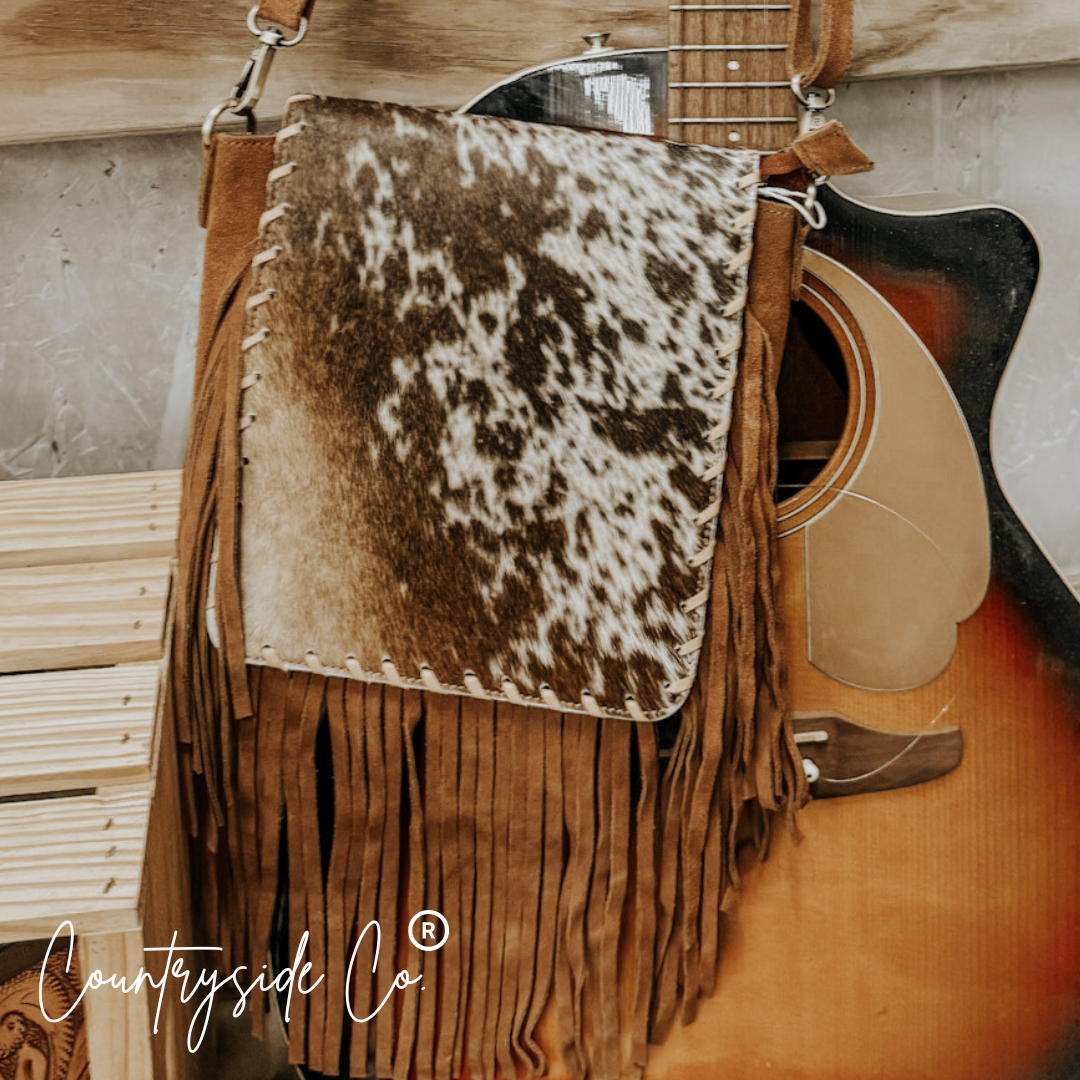 Bessie Cowhide Suede Fringe Womens Purse Crossbody