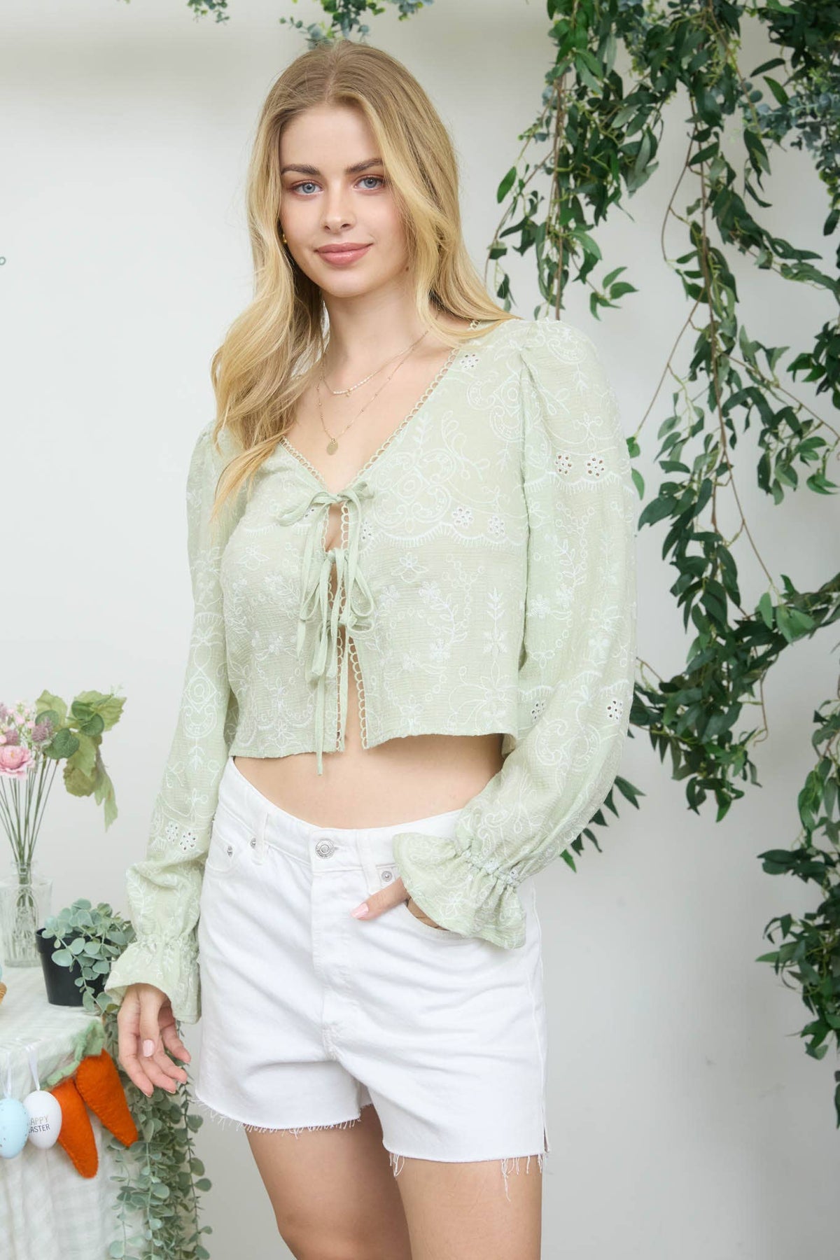 EMBROIDERED PATTERN LONG SLEEVE FRONT TIE CROP TOP