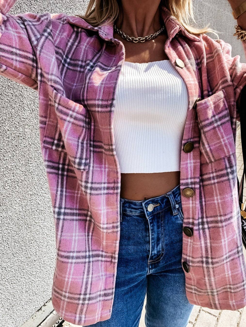 Plaid Wool Blend Shirt Jacket - Oversized Button Down Coat
