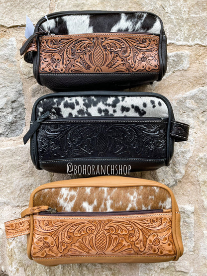 Cowhide | Tooled Leather Toiletry Makeup Shaving Travel Bag