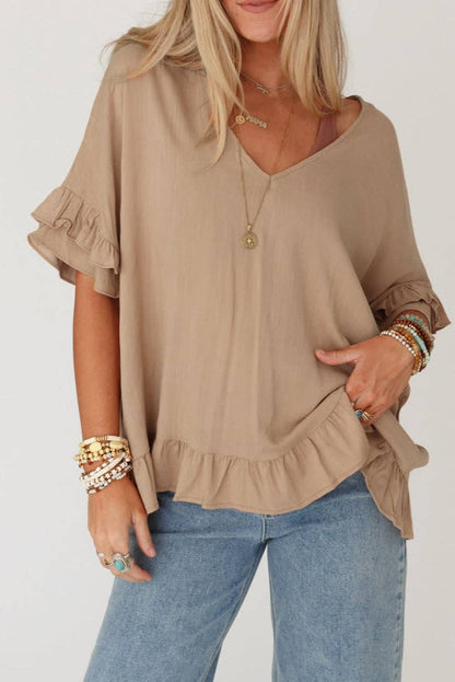 Loose Ruffle V-Neck Blouse