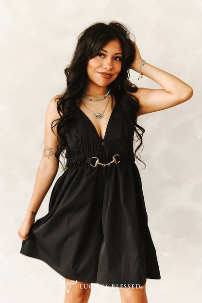 Black Spaghetti Strap Horse Snaffle Buckle Dress