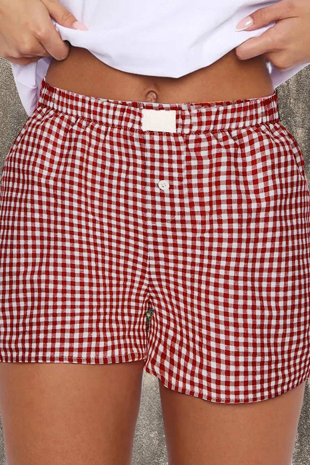 Red Gingham High Waisted Elastic Waist Summer Shorts