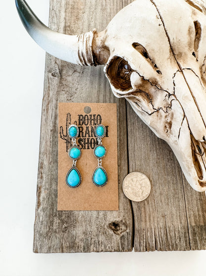 Western Tier Drop Earrings - Round Stone with Teardrop Stone