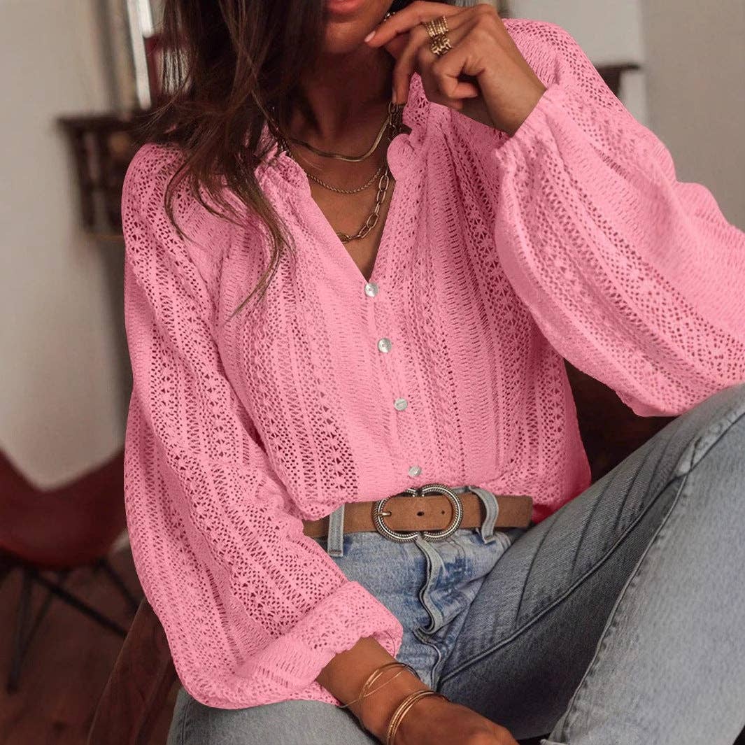 Lace Knit V Neck Button Front Long Sleeve Blouse