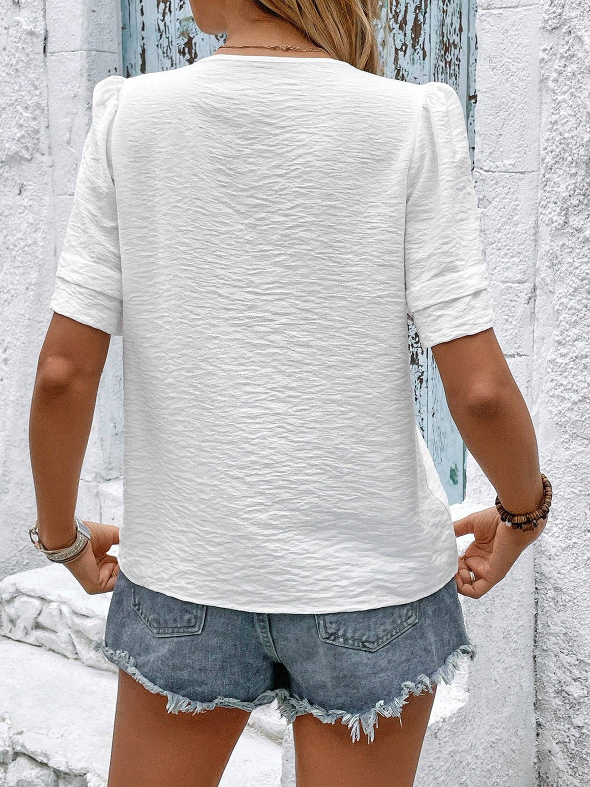 White V Neck Lace Patch Short Sleeve Casual Blouse
