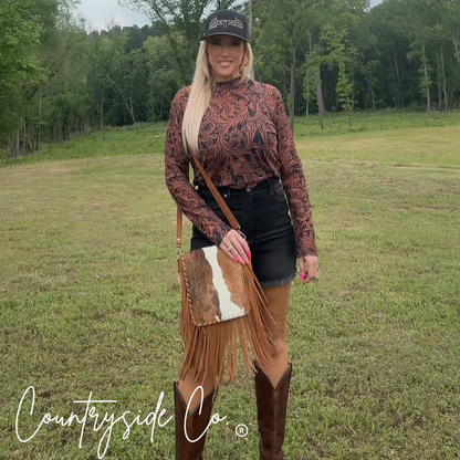 Bessie Cowhide Suede Fringe Womens Purse Crossbody