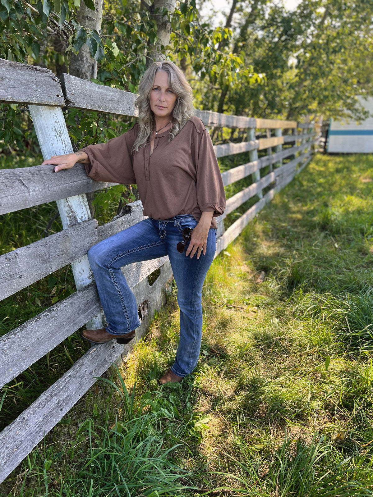 Classic Henley Style Top - BROWN