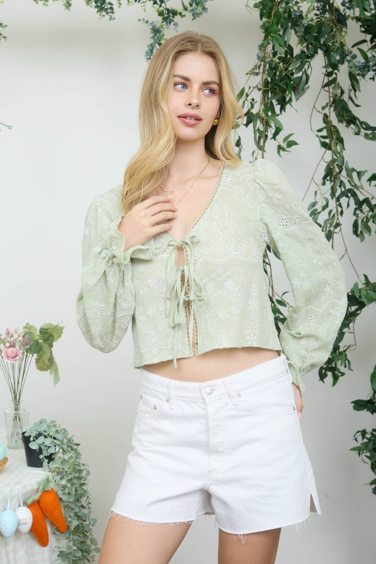 EMBROIDERED PATTERN LONG SLEEVE FRONT TIE CROP TOP