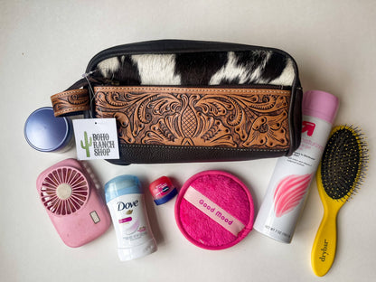 Cowhide | Tooled Leather Toiletry Makeup Shaving Travel Bag