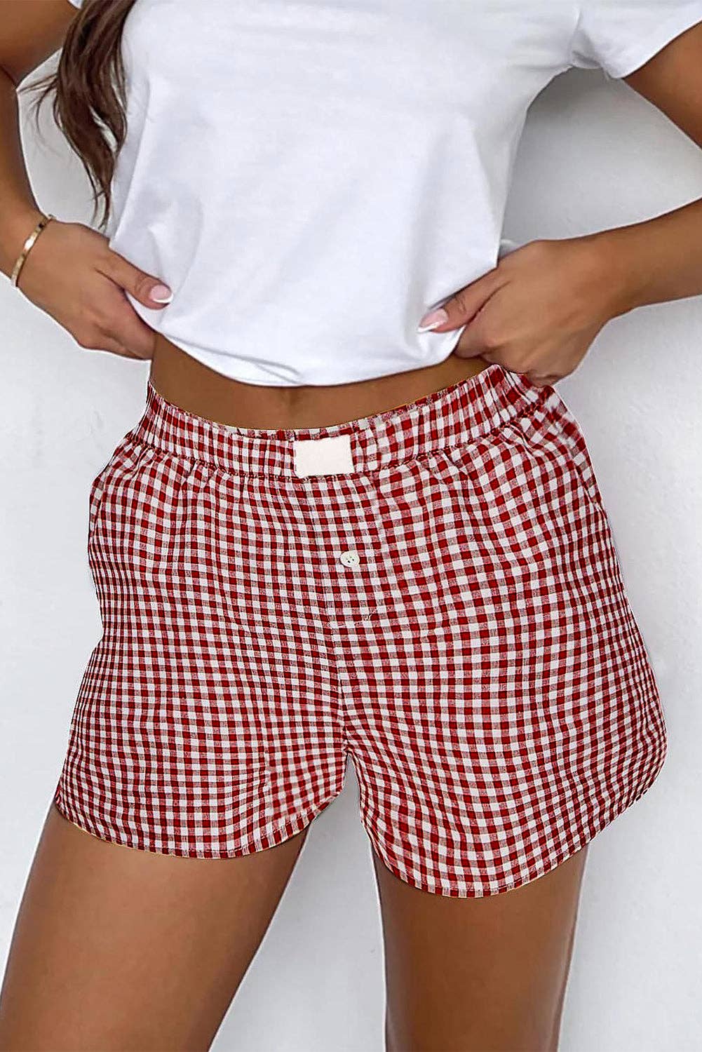 Red Gingham High Waisted Elastic Waist Summer Shorts