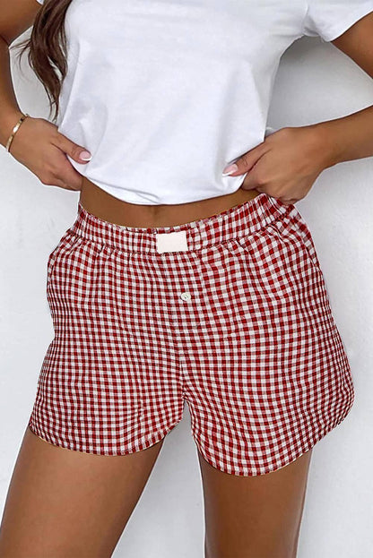 Red Gingham High Waisted Elastic Waist Summer Shorts