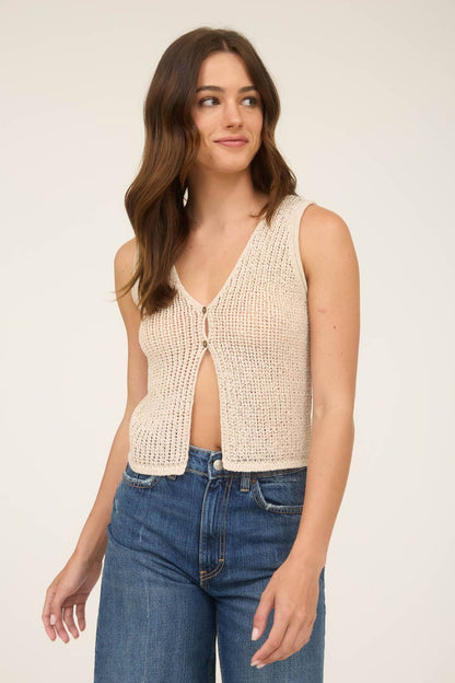 V NECK FRONT BUTTON CROCHET KNIT VEST
