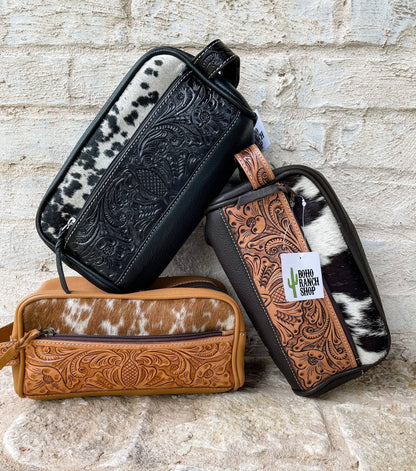 Cowhide | Tooled Leather Toiletry Makeup Shaving Travel Bag