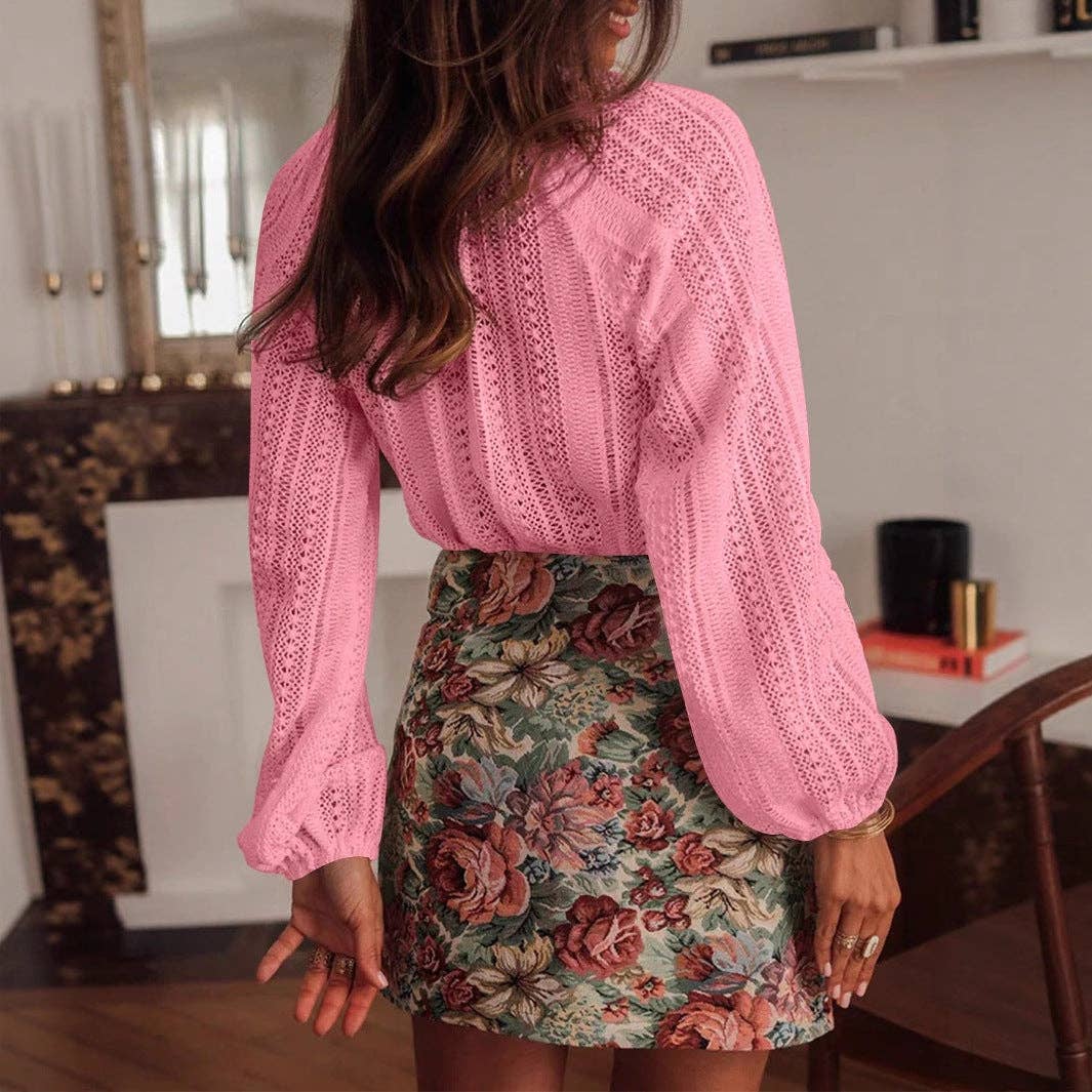 Lace Knit V Neck Button Front Long Sleeve Blouse