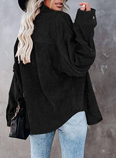 Oversized Corduroy Button-Up Shirt with Chest Pocket