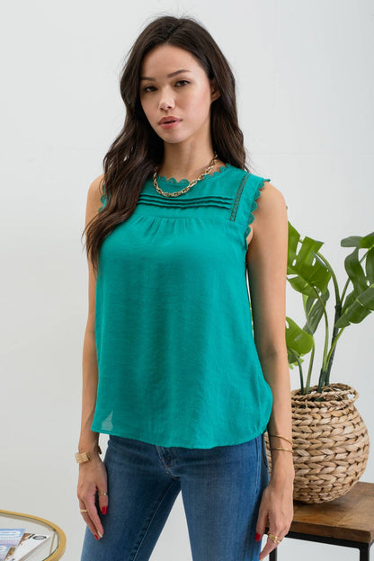 SLEEVELESS LACE EDGE WOVEN TOP