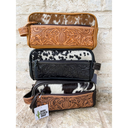 Cowhide | Tooled Leather Toiletry Makeup Shaving Travel Bag