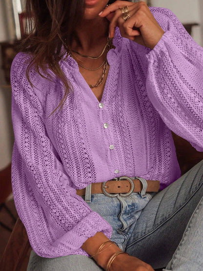 Lace Knit V Neck Button Front Long Sleeve Blouse