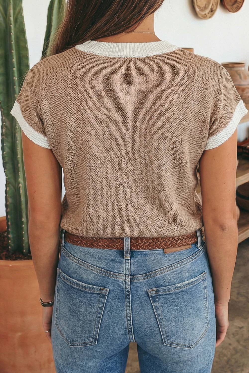 LDC Horse Shoe Pattern Contrast Trim Short Sleeve Sweater