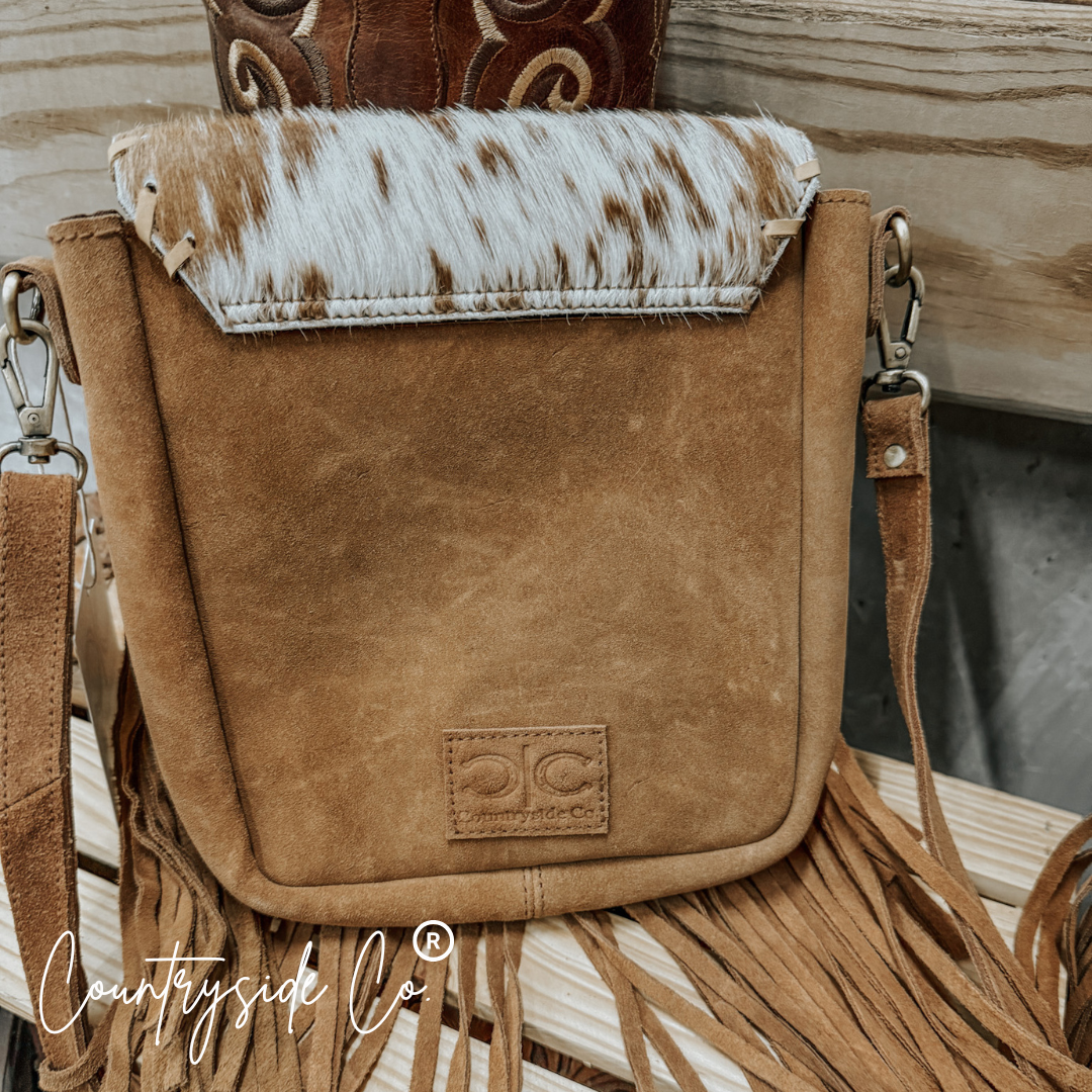 Bessie Cowhide Suede Fringe Womens Purse Crossbody