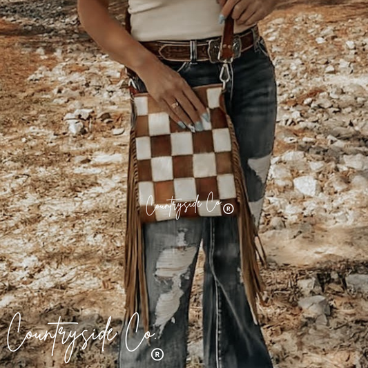 Stockdale Checkered Cowhide Fringe Purse, Brown & White